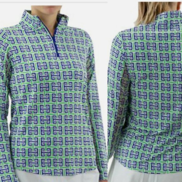 NWT IBKUL Long Sleeve Top Geo Key Navy Green Golf Tennis Pickleball COOLING XXL - Picture 2 of 9